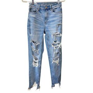 American Eagle Mom Jean Size 2 Long Light Wash Distressed Raw Hem Stretch Denim